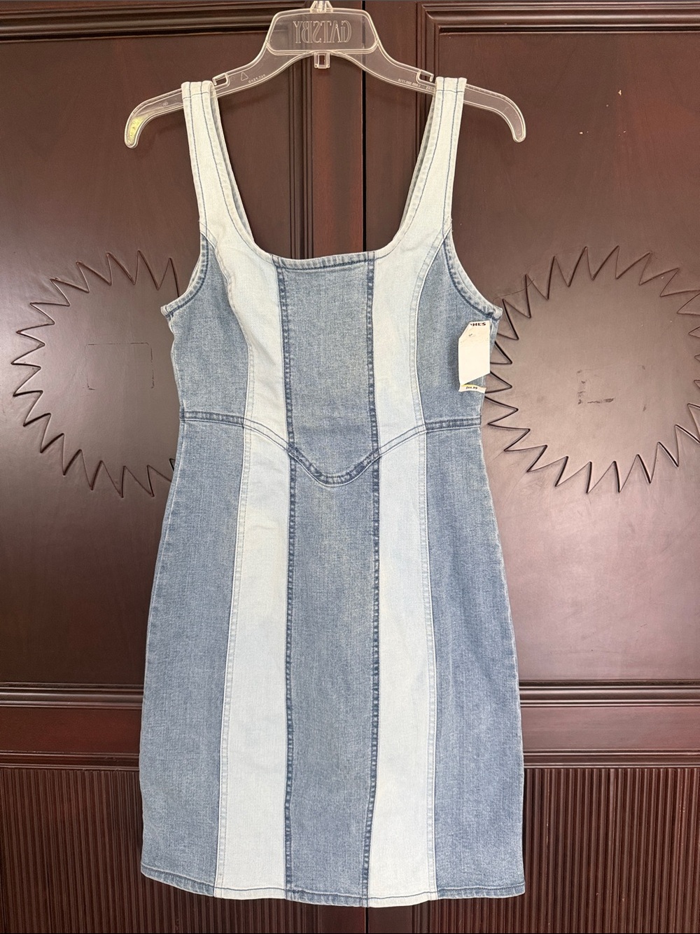 NWT INTEMPTO Two-Tone Blue Denim Stretchy Striped Mini Dress Size S